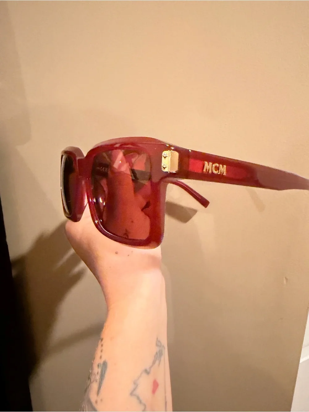MCM Tan Leather Crossbody Pouch with Burgundy Sunglasses